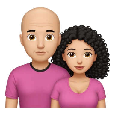 A picture if a couple. the man is a Mexican man with  black hair, a bald hair cut and with a black t-shirt on. the woman is mixed with black and white, with brown curly long hair and a pink shirt on and big boobs sticker