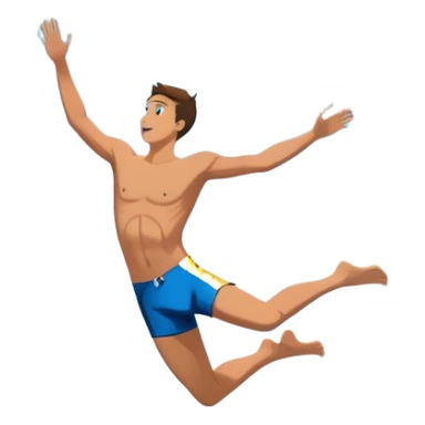 A diver mid-air, diving from a rocky cliff into the sparkling blue ocean below. The background shows a dramatic cliffside and clear sky, capturing the daring and exhilarating nature of cliff diving, with the water below ready to embrace the plunge. sticker