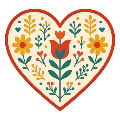 red heart with Scandinavian folk art, minimalist nature motif, bright folk colors, clean lines, simple floral elements, border around heart sticker