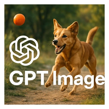  logo of chat gpt with text "GPT Image" on the background of a dog chasing ball, realistic image sticker