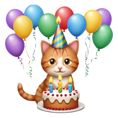 Ginger tabby kitten celebrates birthday, birthday hat, birthday cake, one candle, balloons, happy, gifts sticker