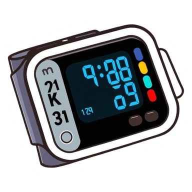 Digital blood pressure monitor showing high reading with numbers on display, hypertension sticker
