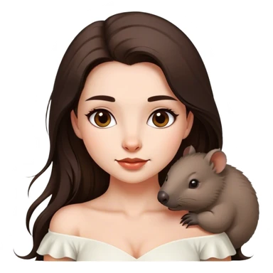 Beautiful woman in 1950’s woman fashion look, off-shoulder white dress, long dark brown hair, wombat sticker