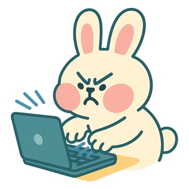 vanilla bunny typing fast, cheeks puffed, pastel-toon style sticker
