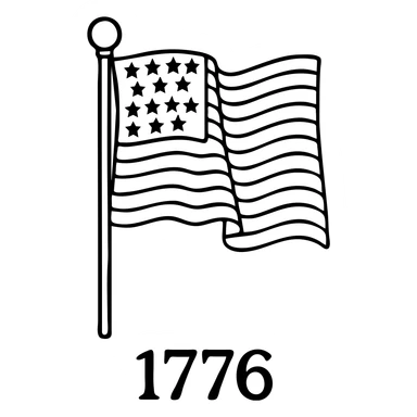 Make the flag vertical and more realistic with natural folds and shading. Keep '1776' below in bold black font. Use a black and white style with transparent background. sticker