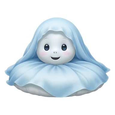 An adorable, peacefully floating sheet-like ghost in gentle pastel whites and blues, its soft, rounded form loosely draped, head resting with closed, serene sparkling eyes and a tiny, contented smile, simplified yet irresistibly charming, highly detailed, with a soft glowing outline that captures the essence of a sleepy, endearing spirit wrapped in cozy slumber! sticker