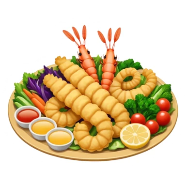 tempura platter emoji, shrimp and assorted vegetables, extra crunchy, light batter, vibrant colors sticker