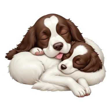 Meme-Worthy Cute Sleeping Springer Spaniel Portrait Emoji, Head resting peacefully with a contented smile, showcasing a delightfully agile build and a luxuriously soft liver and white Fur, eyes shut in a serene nap, Simplified yet hilariously adorable features, highly detailed, glowing with a soft, drowsy light, high shine, relaxed and utterly lovable, stylized with an air of playful laziness, bright and heartwarming, soft glowing outline, capturing the essence of a comically sleepy companion, so meme-worthy it feels like it could instantly become the next viral sensation of adorable slumber! sticker
