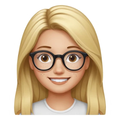 blonde girl with brown roots, long hair, freckles, black frame glasses, smiling sticker