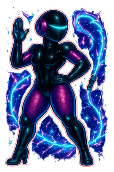 Add electric effects, lightning arcs and glowing sparks around the female robot, keep the retro sticker style, glossy black and purple, transparent background. sticker