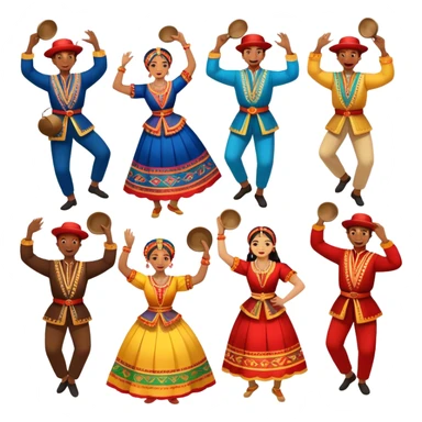 Icon for Folk Dance: a group of men and women performing a national dance in vibrant traditional costumes, with some holding castanets and tambourines. The icon should capture the festive and cultural energy of folk dance. Transparent background. sticker