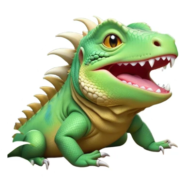 Cinematic Cute Yawning Iguana Portrait Emoji, Head tilted slightly with a dramatic, wide-open yawn, showcasing a sturdy, scaled body with a softly drooping spiky crest and sleepy, half-closed eyes, Simplified yet irresistibly adorable features, highly detailed, glowing with a soft, cozy jungle glow, high shine, relaxed yet expressive, stylized with a dash of whimsical charm, soft glowing outline, capturing the essence of a drowsy yet affectionate iguana that appears ready to stretch out for a nap! sticker