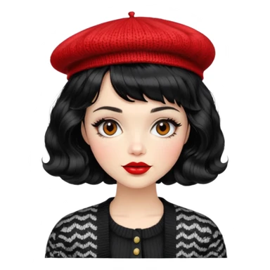 Alluring 1970's beret French girl french shiny black wavy textured bob haircut tousled hair red lips wearing knitted cardigan sticker