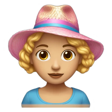 Una niña con cabello rubio corto con corte degradado, sombrero para verano rosa claro y una casaca grande azul y lentes oscuros sticker