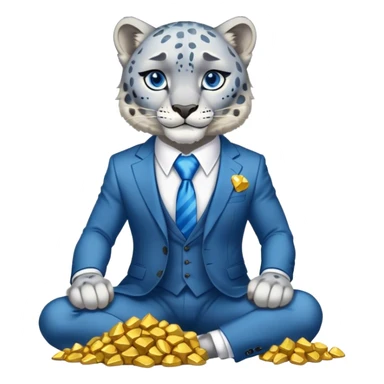 muscular snow leopard in suit with blue tie sitting on pile of gold nuggets sticker