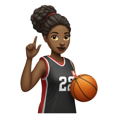 Black women with a basketball jersey on, holding a stop sign sticker