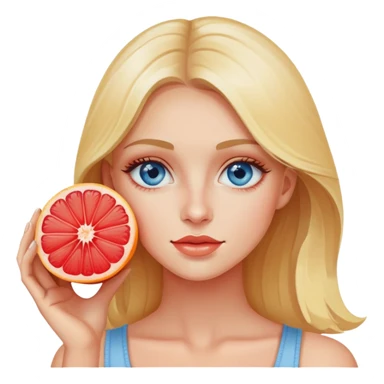 Beautiful blonde with blue eyes holds a cut piece of grapefruit near her eye sticker