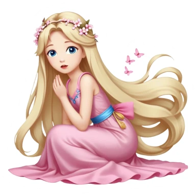 Girl with long blond hair and sakura accessories on her hair with a long tailed dress on the ground and have blue eyes beautiful finish and she sending lovely kisses  sticker