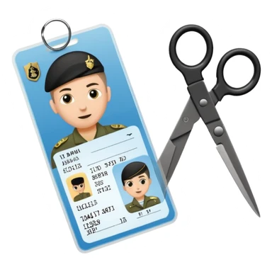 Floating black Scissors cutting in half an idf soldier ID card with a little chip in 2 parts sticker