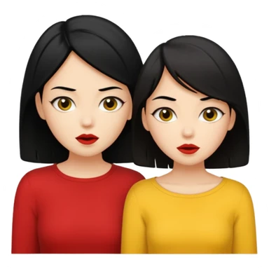 2 girls gossiping secretly. both are fair and have black hair. One has short hair and is tan, one has long hair and is fair. One is wearing yellow, one is wearing red sticker