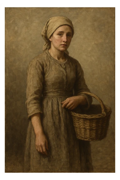 a real peasant woman, 19th century, plain dress, headscarf, carrying a basket, muted colors, realistic style sticker