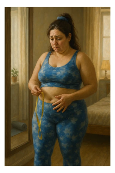 A realistic, cinematic illustration of a woman in her early 30s with a slightly rounded body shape, standing in front of a mirror in a softly lit bedroom, looking at her reflection with a thoughtful, slightly discouraged expression. She is wearing comfortable home workout clothes, holding a tape measure in one hand loosely, while her other hand gently touches her belly area, showing her frustration with slow weight loss progress. The room is cozy, with natural light filtering in, a yoga mat rolled up in the corner, a water bottle, and a small plant on the windowsill. The scene captures the emotional struggle and quiet determination of a woman facing difficulties in losing weight despite her efforts, with warmth and dignity. sticker