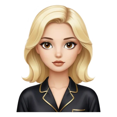 blonde model with brown eyes, luxury makeup, black silk pajamas sticker