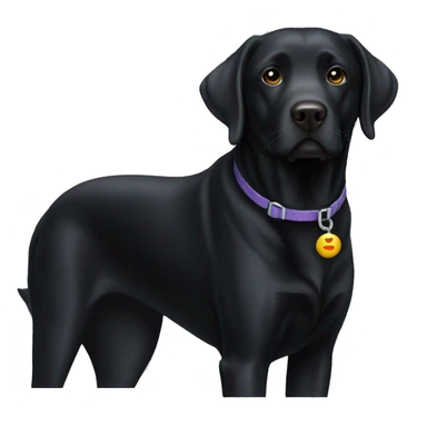 black labrador without collar and a "hi" sticker