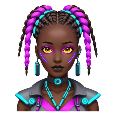 Cyberpunk African woman with futuristic braids, neon glowing accessories, tech implants, and vibrant colors sticker