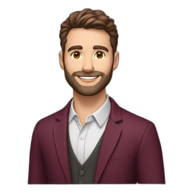 caucasion 30-year-old male teacher, brown eyes and short brown hair with short brown beard. Smiling. Wearing burgundy blazer and collarless white shirt. Wearing a purple lanyard sticker