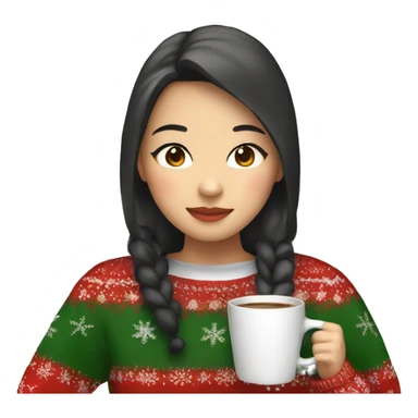 asian girl drinking coffee wearing Christmas sweater sticker