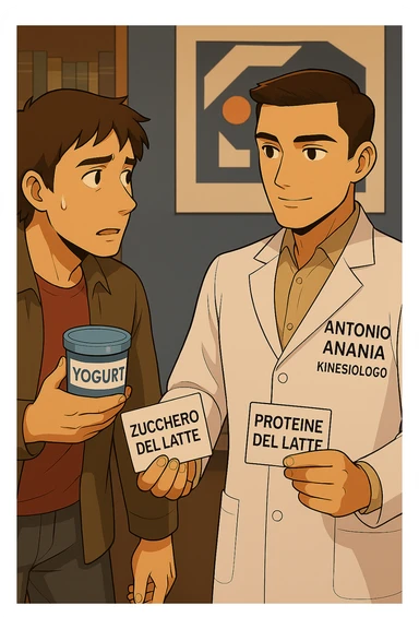 fai un webtoon manga a colori con questo stile, in cui un uomo ASCOLTA Il kinesiologo con il camice bianco (fagli anche la scritta "ANTONIO ANANIA" SUL CAMICE, IL KINESIOLOGO SPIEGA ALL'UOMO UNA COSA TENENDO DUE FOGLIETTINI IN MANO, UNO CON LA SCRITTA "ZUCCHERO DEL LATTE" E UNA CON LA SCRITTA "PROTEINE DEL LATTE". L'UOMO OSSERVA LO YOGURT CHE HA IN MANO CON ESPRESSIONE DUBBIOSA IN VOLTO. non fare i fumetti però, fai solo in modo che sembri stiano parlando sticker