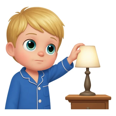 Create an emoji of the same blonde 3 year old as the first one you did. happy boy with blue-greenish eyes with blue pajamas on turning off the lights to go to sleep sticker