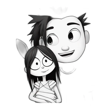 a dog and a girl with black spiky hair looking at each other in style of ((sarah andersen)), black and white,sarah andersen,cartoon,drawn,sketch sticker