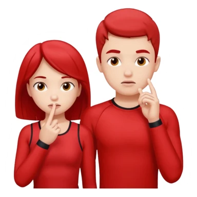 Girl and boy in red gym clothes and thoughtful faces and They have one hand on lip sticker