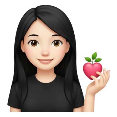 a pretty bratz fair girl with straight long black hair, wearing a black tshirt, smiling sticker