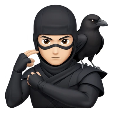 clash-of-clans-aesthetic_-cinematic-mysterious-male-ninja-portrait-emoji, rendered in a flat, vector-style with minimal shading and bold, simplified shapes, his arm is stretched out  with a head slightly turned revealing intense, focused eyes. the ninja has his arm out and perched on top of his forearm is  a  giant black crow sticker