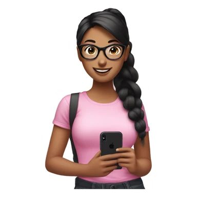 smiling girl with black hair and ponytail style, standing with a pink iphone in her hand, wearing big black glasses sticker