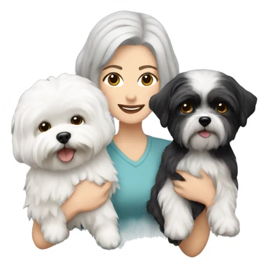 White women with short grey hair holding two dogs one black shih tzu and one white bichon frise sticker