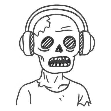 a zombie with headphones, hand drawn outlined icon style sticker