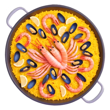 traditional Spanish seafood paella with shrimp, clams, mussels, saffron rice in a paella pan sticker