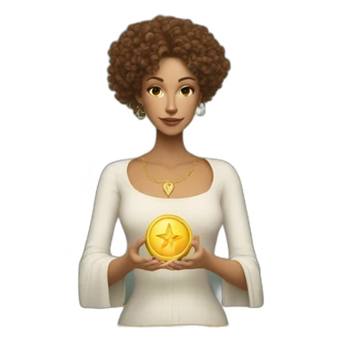 white woman with brown curls and a tarot card with gold star on it sticker