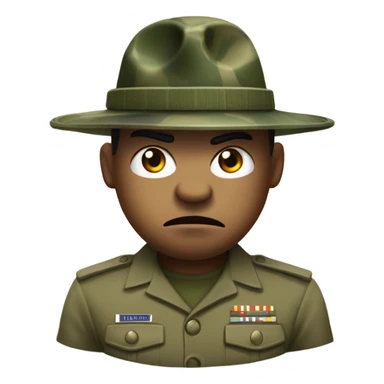 drill sergeant character wearing a classic sergeant hat and a camouflage army shirt. The character should have an angry intense expression. full torso sticker