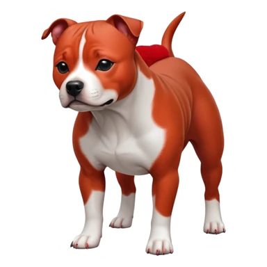 cinematic-[Staffordshire bull terrier]-realistic-full-body-standing-emoji,-tail-resting-loosely-beside-its-paws,-head-tilted-dramatically, -sleek-[red and white]-fur,-simplified-yet-realistic-focused-features,-highly-detailed,-glowing-with-an-almost-sarcastic-glow sticker