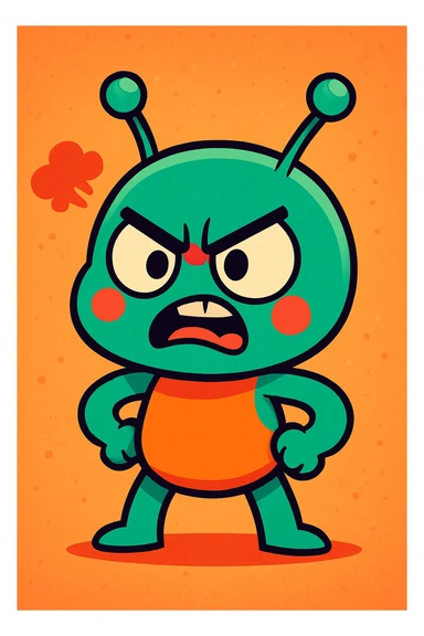 cute cartoon alien showing anger, vibrant toon style, colorful, expressive, angry sticker
