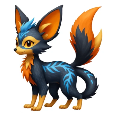 Lykoi-Fennekin-Electrike-Luxray-fusion-hybrid-animal-Fakémon-creature, full body, thin long sleek scaly tail, intricate markings sticker
