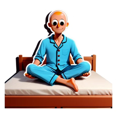 Bald stickman wearing notched buttoned light blue pajama barefoot, sitting on his bed in master bedroom  sticker