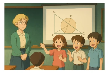 Clase de geometría: profesora rubia de pelo corto y gafas redondas, tres alumnos explican una diapositiva, ambiente alegre, estilo ghibli sticker