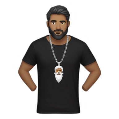 A white Indian man with beard wearing men silver chain,styled on a black Full sleeve tshirt sticker