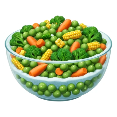 A close-up of a bowl filled with frozen mixed vegetables — peas, carrots, corn, and broccoli — covered with a light layer of frost. The colors are bright but slightly muted from freezing. Natural lighting, high-detail macro food photo. sticker